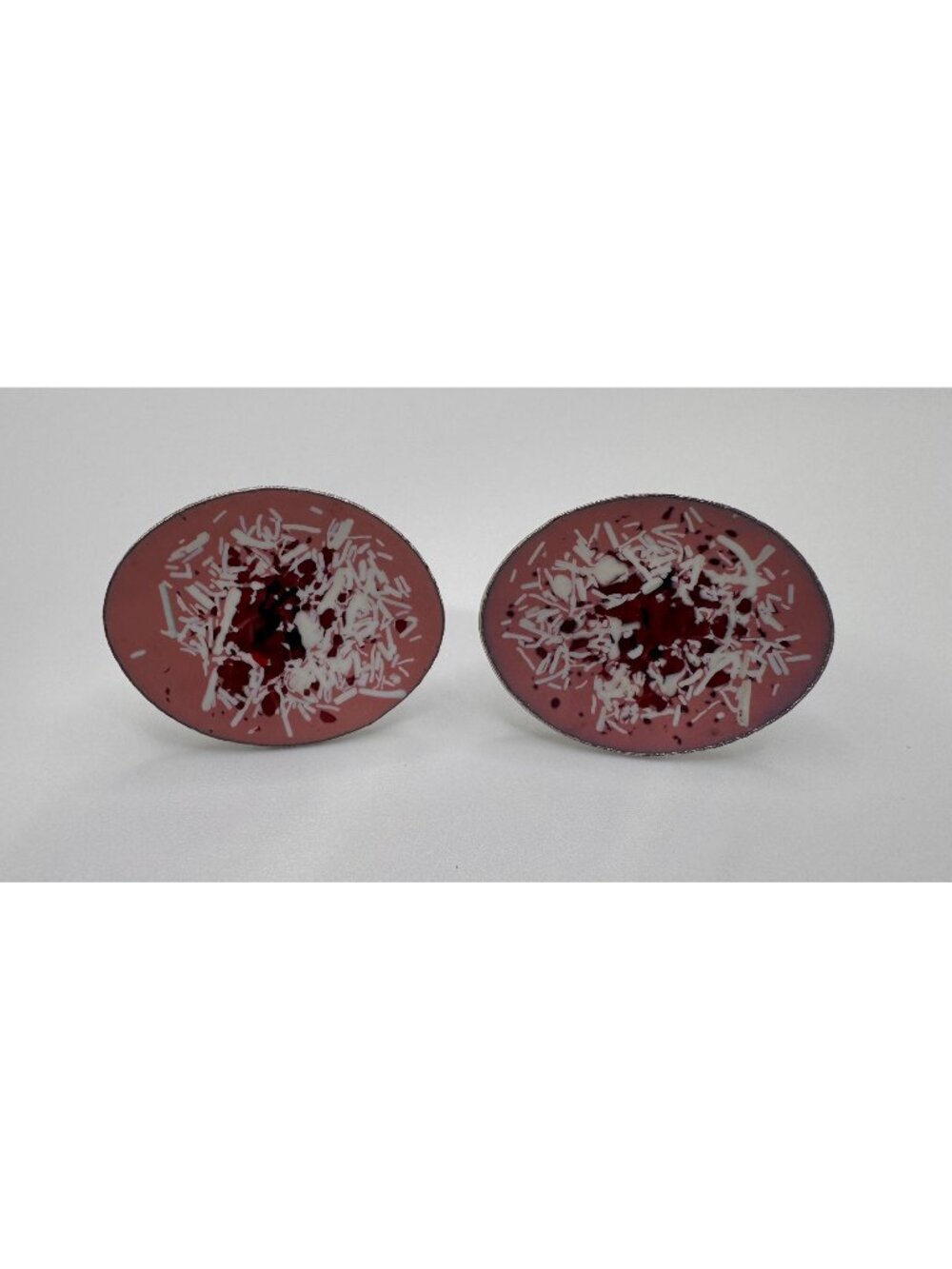 Silver Tone Pink Red White Enamel Cufflinks Oval Abstract Retro Mens Bold